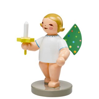 Engel mit farbigen Flügelpunkten, 25 Jahre World Childhood Foundation blond, Kerze rechts